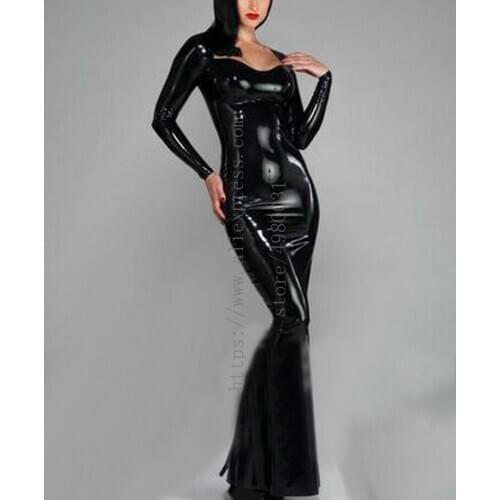 Sexy womens plus size black slim latex dress black long bondage with back zip to ass decorations