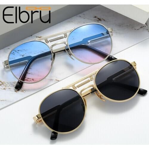 Elbru Vintage Men Sunglasses Punk Sunglasses Round Frame Classic Sunglasses Women Metal Sun Glasses Eyewear Gafas de Sol