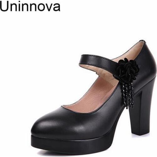 Uninnova Womens Classic Genuine Leather Black Shoes Mary Janes Pointed Toe Super High Heel Platform Crystal Shoes 32-43 WP097