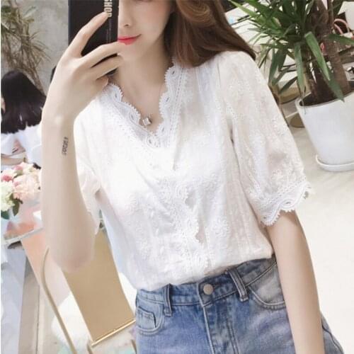New Summer Women Tops Chiffon Lace Casual Shirt Ladies Short Sleeve V-neck Loose Blouse White Tops D190601
