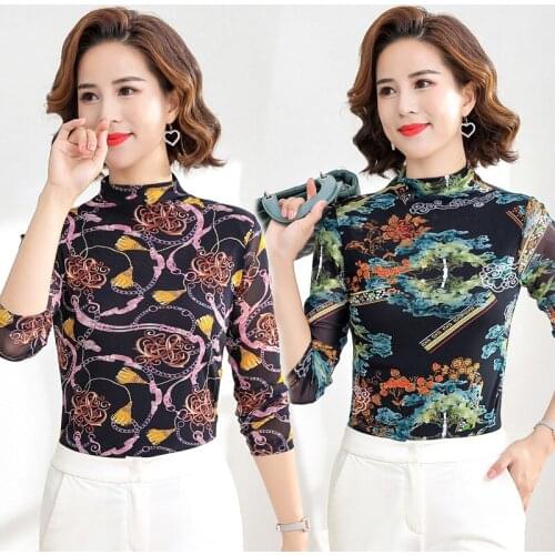 Woman Tshirts Lace Long Sleeve T-shirt Womens Autumn and Winter Printing Turtleneck Top Women Ropa Mujer Camisetas