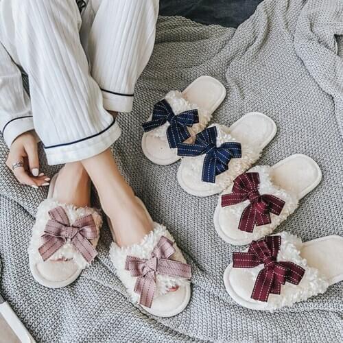 Autumn Winter Chic Open-toe House Women Fur Slippers Bow-knot Bedroom Ladies Flat Shoes Warm Plush Elegant Girls Furry Slides