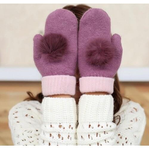 Women Winter Cute Warm Pompom Faux Rabbit Fur Knitted Full Finger Mittens Gloves Knitted Full Finger Mittens Gloves
