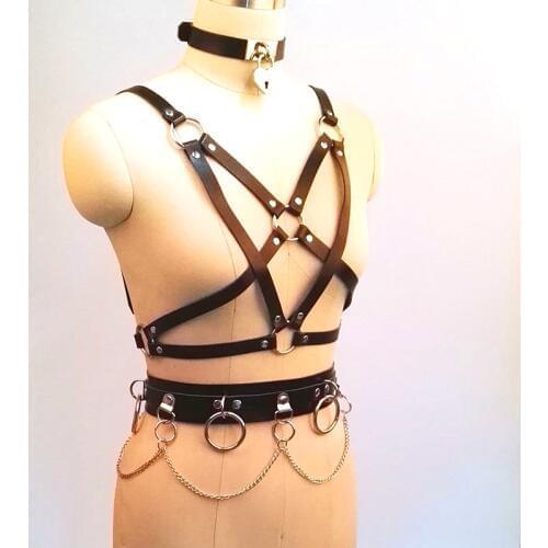 100% Handcrafted Leather Bra Women Harness Choker Bondage Star Pentagram Bralett Chest Top Belt Waist Belt with Chain Straps
