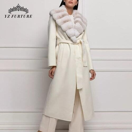 Women 110cm Long Spring Woolen Coat Rex Rabbit Fur Collar Cashmere Belt Cardigan Elegant Lady To Ankle Fashion White Outerwear