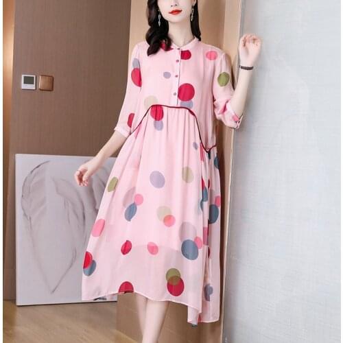 Spring Autumn Dot Print Mulberry Silk Midi Dress Women Casual Vintage Pink Beach Dress 2021 Elegant Bodycon Party Runway Vestido