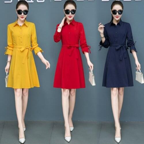 Women Dress 2021 Summer Autumn Vintage Chiffon Shirt Skirt Elegant Casual Spring Midi Mid Long Dress Navy Blue Red Vestidos