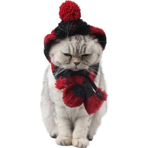 1 Set 2 Color Cute Fluffy Winter Stripe Pet Cat Dog Chrismas Scarf Caps Suit Warm Ornament Decoration Mommy Dog Cat Confinement