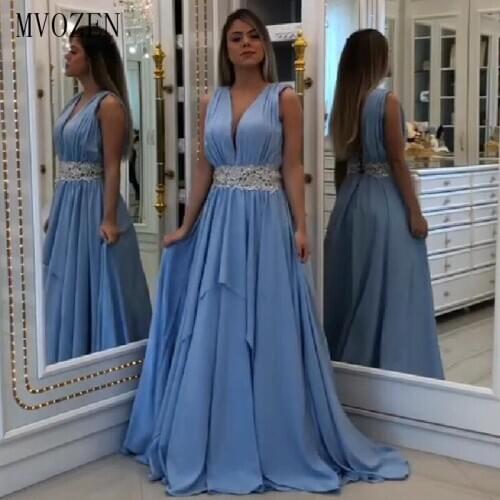 Sky Blue Long Evening Dress 2020 Chiffon V-Neck Beaded Pleat Floor Length Formal Gowns Evening Dresses Vestido de festa Longo