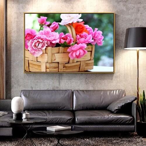 Artcozy Oil Canvas Painting pink flowers in Basket For Home Decoration Wall Art
