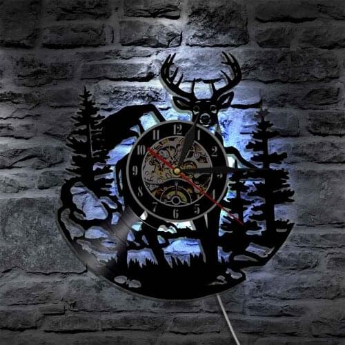 Birch Tree Forest Deer Wall Art Vinyl Record Clock Hunting Club Animals Vintage Wall Clock with LED Light relojes de pared reloj
