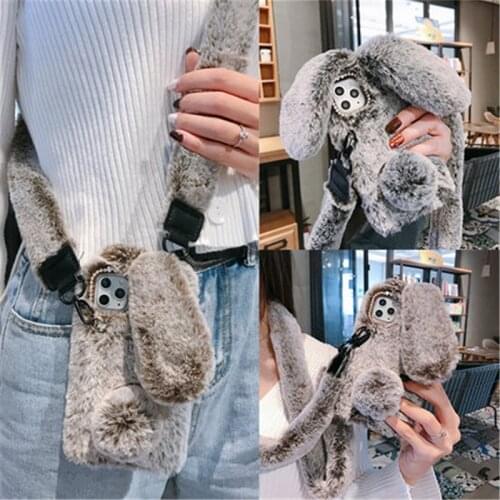 Fashion Cute Rabbit Long Ear Handbag Fur Case Cover With Fluffy Long Strap For Iphone 12 Mini 11 Pro XS Max XR X 8 7 6S Plus SE