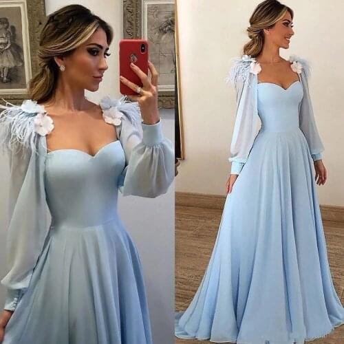 Elegant Light Sky Blue Evening Dresses Puff Long Sleeves 3D Flowers Feather A Line Prom Dress Party платье на выпускной 2021
