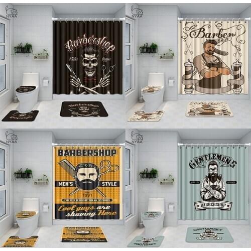 Beard Barber Hipster Haircut Shower Curtain Shave Vintage Barbershop Retro Bath Curtains With Rugs Toilet Seat Cover Set