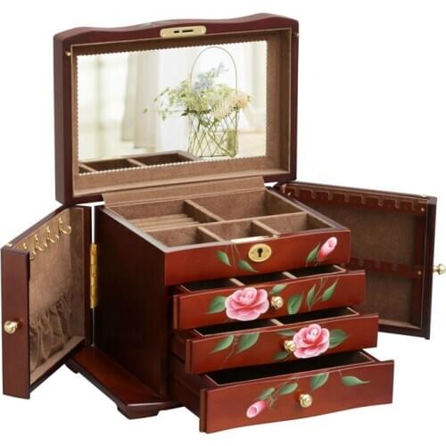 Chinese Style Handmade Solid Wood Jewelry Cosmetic Box Jewelry Storage Box Wedding Large Capacity Multi-Layer Box with Lock