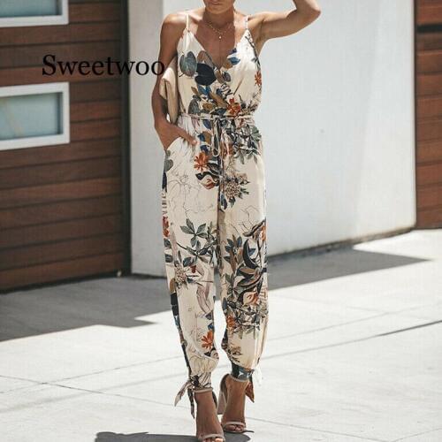 Women Summer Holiday Casual Sleeveless Jumpsuits Fashion Ladies Boho Floral Bodysuit Loose Long Pant Trousers Overalls for Women