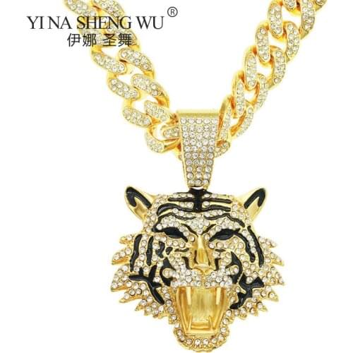 Hip Hop Rock Big Tiger Head Pendant Rhinestone Necklace With Fill Cubic Zircon Long Cuba 20" Chain for Men Jewelry Accessories