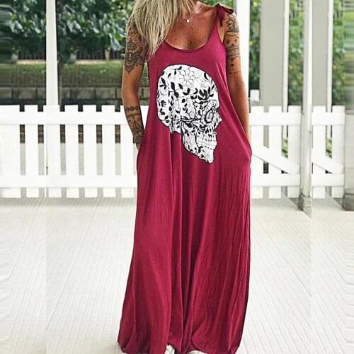 Summer Womens Long Maxi Dress Loose Casual Skull Print Ladies Vestidos Sexy Pleated Ankle-Length Dress Holiday Bwach Dress