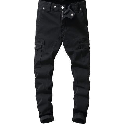 Sokotoo Mens black pockets cargo denim jeans Slim stretch denim pants