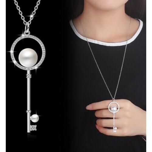 New arrival hot sell fashion pearl crystal key 925 sterling silver ladies`pendant necklaces jewelry Sweater chain