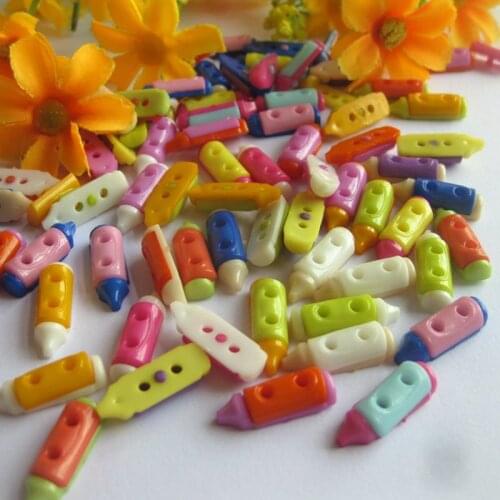 100pcs pen Shape 7*20mm Plastic buttons 2 Holes Mixed Design Painted decoration Sewing Plastic buttons Decorative Accessories
