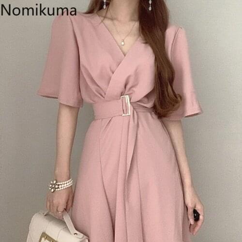 Nomikuma Short Sleeve Dress Women Solid Color V Neck Slim Waist Lace Up Korean Style Vintage Elegant Dresses Vestidos Mujer