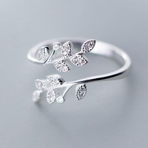 Genuine 925 Sterling Silver Sparkling LEAVES SILVER RING WITH CUBIC ZIRCONIA for Women Original Jewelry