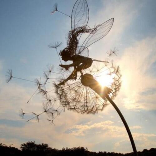 2D Garden Fairy Decoration Stake Fairy Playing On/with The Dandelion Metal Art Elf Silhouette Ornament for Outdoor
