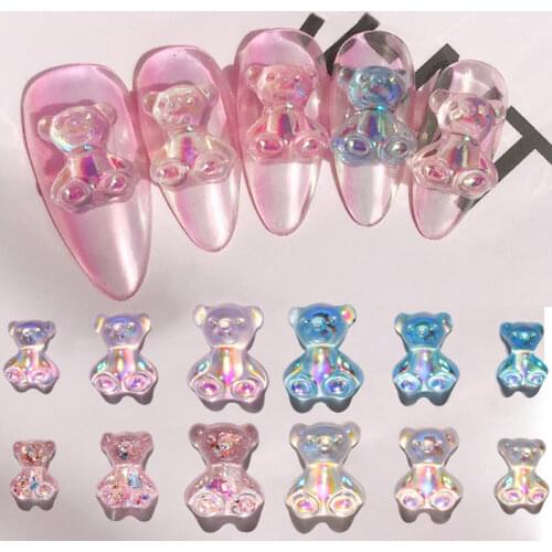 6pcs 3D Bear Resin Nail Art Decorations Mixed Size Aurora Shiny Jelly Bear Ornaments for DIY UV Gel Nails Manicure Accessories