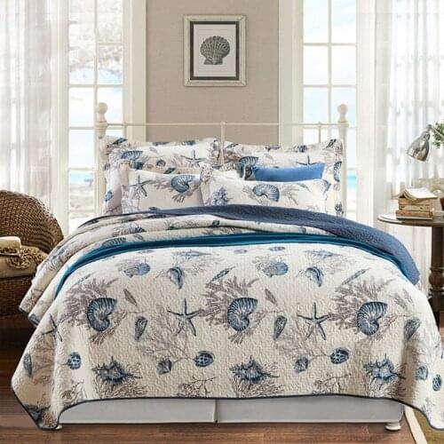 Quality Bedspread on the Bed Quilt Set 3PCS Cotton Blanket for Double Bed King Size Coverlet Marine Printed Quilted Coverlets