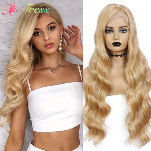 X-TRESS Long Body Wavy Honey Blonde Synthetic Lace Wigs for Black Women Side Part Lace Front Wig Heat Resistant Cosplay Wigs