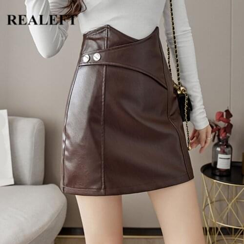 REALEFT 2021 New Autumn Winter PU Leather Womens Skirts Fashion Irregular Buttons Side Ladies A-Line Wrap Mini Skirts Female