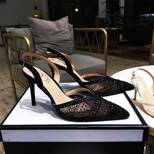 Summer new style fasion womens sandals black white mesh crystal pointy toe stiletto stripper High heels Prom Evening Shoes