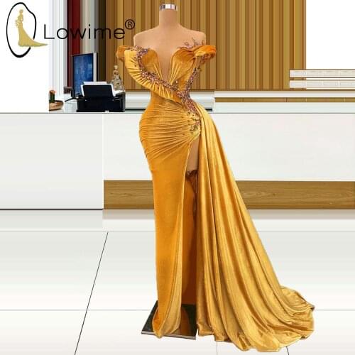 Dubai Golden Long Mermaid Evening Dresses Colorful Beaded Sexy High Split Evening Gowns Formal Prom Party Dresses for Females