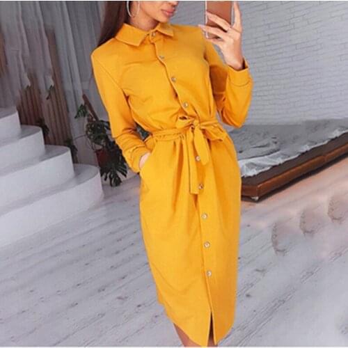 Spring Elegant Office Womens Dress Casual Long Sleeve Lapel Dress Single Breasted Solid Color Lace Up Waist Womens Clothing