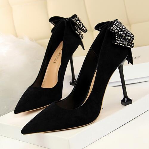 Women Sexy Club Super 9.5cm Thin High Heel Pointed Toe Shallow Shoes 2019 Ladies Fashion Slip-on Crystal Bow Party Pumps Shoes