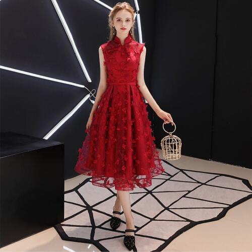 Burgundy 3D Lace Flowers Short Prom Dresses Sleeveless 2019 Chinese Style Knee Length Formal Party Dresses High Neck Prom Gowns