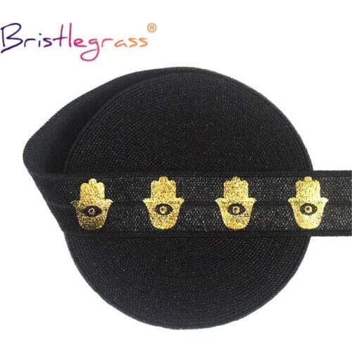 BRISTLEGRASS 50 100 Yard by Roll 5/8" 15mm Evil Eye Hamsa Hand Foil Print Foldover Elastic FOE Spandex Band Hair Tie Sewing Trim