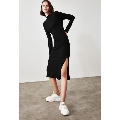 Black Ribbed Bodycon Midi Knitted Dress TWOAW21EL0135