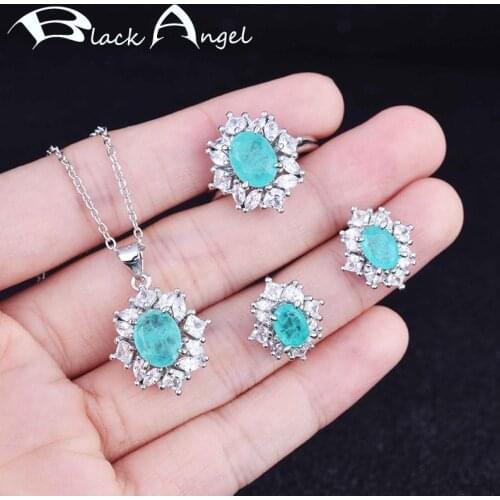 BLACK ANGEL New Imitation Natural Paraiba S925 Jewelry Suit Inlaid Gemstone Earrings Pendant Necklace Ring Female Wedding Gift