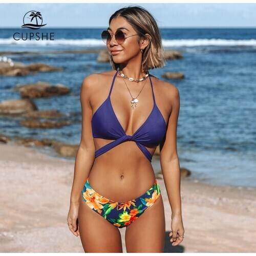 CUPSHE Navy Floral Halter Low-rise Bikini Sets Sexy Lace Up Swimsuit Two Pieces Swimwear Women Biquinis 2021 Beach Bathing Suit