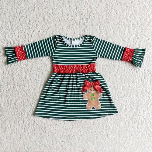 Fashion Children Winter Fall Frocks Girl Stripes And Cute Pattern Long Sleeve Dresses Toddler Christmas Cloth With Embroidery