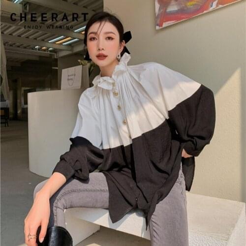 CHEERART Designer Oversized Hoodie Pullover Sweetshirts Fall Clothes For Women Techwear Button Up Ruffle Neck Ulzzang Jumper