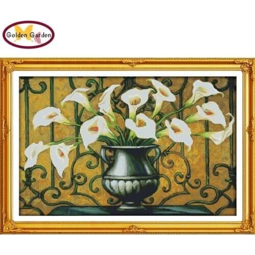 GG Calla Flowers Stamped Cross Stitch Patterns DIY Kits Needlework Embroidery Sets Joy Sunday Cross Stitch for Home Decor