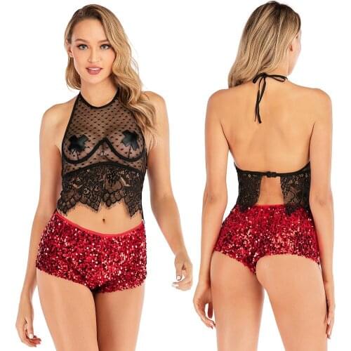 Women Two Pieces Lingerie Set Exotic Dancewear Floral Lace Hollow Out Halter Crop Top and Sparkly Sequins Shorts Stage Costume