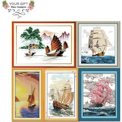 Joy Sunday F063F129F815F822F823 14CT 11CT Counted and Stamped Home Decor Sailing Ribbon Embroidery Cross Stitch kits