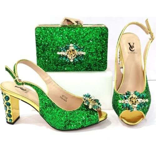 New Arrival Speical Narrow Band and Cross-tied Style Italian 2021 Arican Design Ladies Shoes and Bag Set in GreenColor for Party