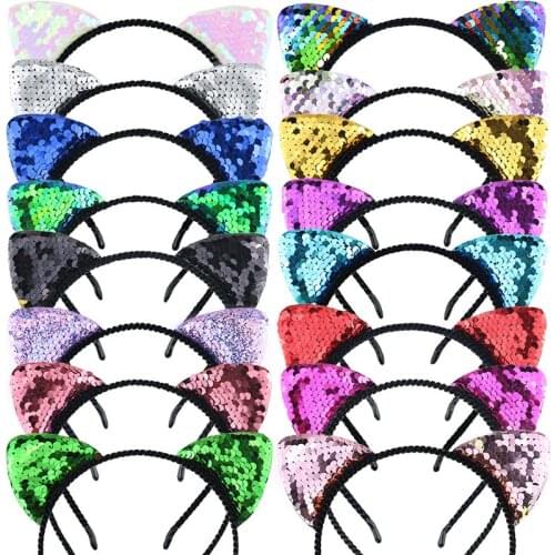 Reversible Sequin Cat Ears Headband Shiny Cat Ear Hair Hoops Bling Hairband Hair Accessories for Women Girls Party Performance
