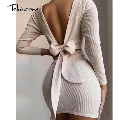 Tobinoone One-Piece Dress Women Sweater Knit Dress 2020 Autumn Office Woman Slim Dresses Backless Pullover Knitted Sweater Dress