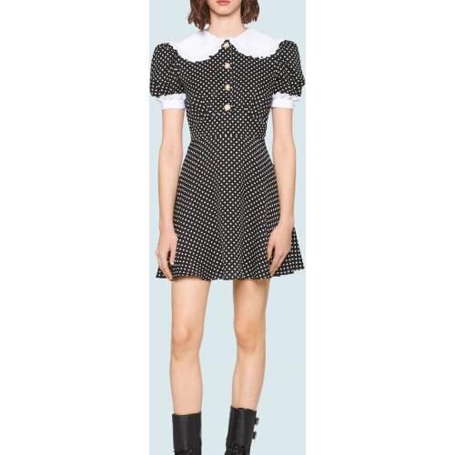French boutique puff sleeve dress polka dot doll collar 2021 summer chiffon waist A-line high quality dress